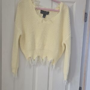 Polly & Esther Yellow V-Neck Sweater with Frayed Hem